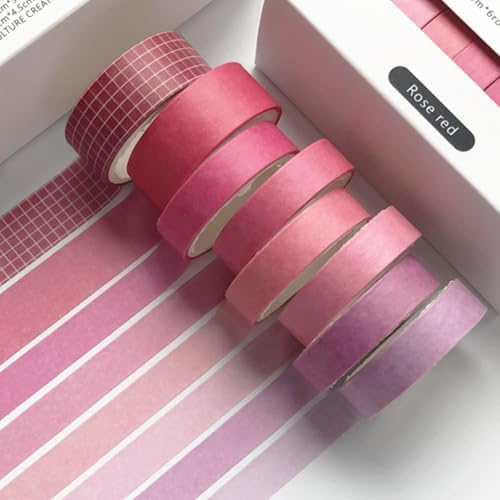 YUBBAEX 8 Rolls Basic Washi Tape Set Solid Color Grid Masking Decorative Tapes for Arts, DIY Crafts, Journals, Planners, Scrapbooking, Wrapping (Rosered)