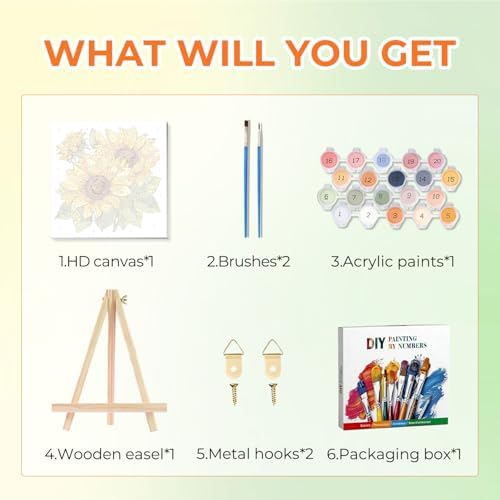 Amaieuin Sunflowers Paint by Numbers for Adults Beginners,Paint by Numbers Frame with Easel Flowers,DIY Number Painting for Adults for Home Wall Art Decor 10x10in