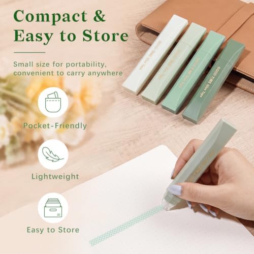 Temiary 4 Pack Double Sided Tape Pen, 16.4 Ft x 0.24 Inch Scrapbook Tape Roller for Crafts, Aesthetic Adhesive Glue Tape Pens for Scrapbooking School Office Journaling Supplies (Green)
