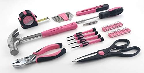 Apollo Tools Original 39 Piece General Household Tool Set in Toolbox Storage Case with Essential Hand Tools for Everyday Home Repairs, DIY and Crafts - Pink Ribbon - DT9706P