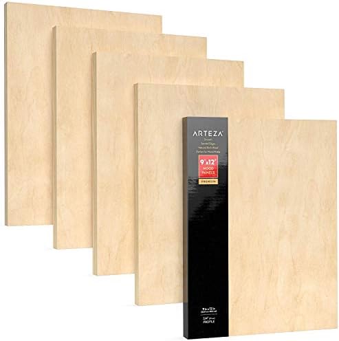 ARTEZA Wood Panels for Painting, 9 x 12 in, Pack of 5, Cradled Birch Boards | 0.75 in Profile, Smooth 5 mm Surface, Sanded Edges, For Oil, Acrylic Pouring, Wood Burning, Encaustic Art and Mixed Media