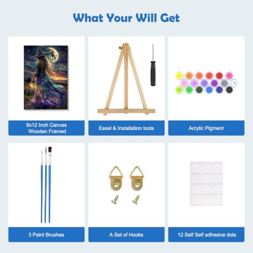MOGTAA Halloween Paint by Numbers Kit for Adults Beginners with Frame, Witch Adult Paint by Number Kits on Canvas with Easel, Easy DIY Starry Night Oil Painting Kits for Home Decor, 8x12in
