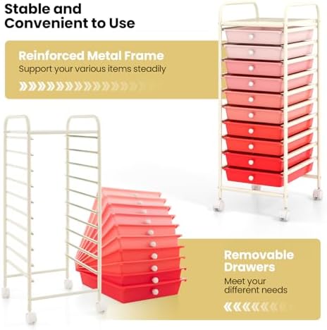 COSTWAY 10-Drawer Rolling Storage Cart, Utility Mobile Trolley