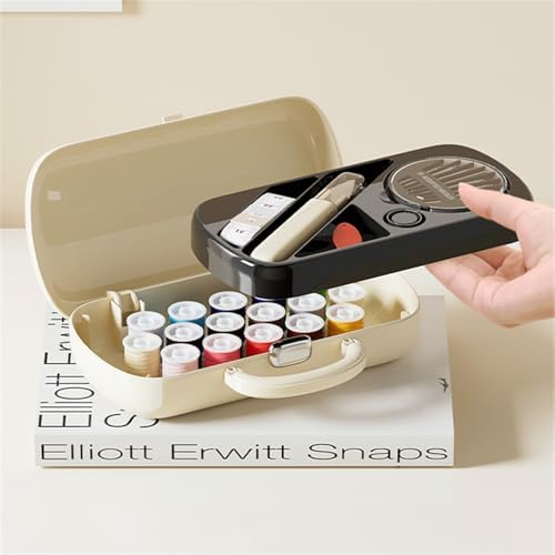FKOG Sewing Project Kit, 151 Pcs Family Sewing Supplies Repair Organizer with Portable Retro Hard-Shell Case, 16 Multicolor Thread Spools, Needles, Buttons, and Accessories (Creamy White)