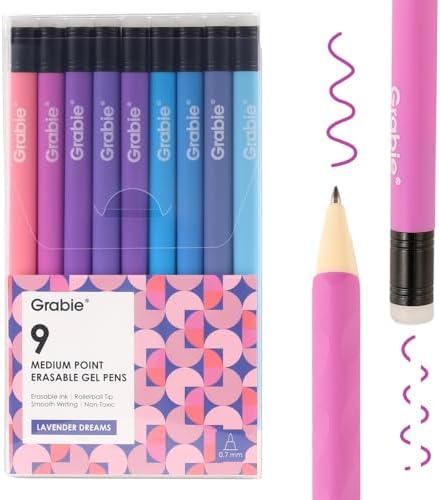 Grabie Erasable Gel Pens, 9 Color 0.7 mm Medium Point, Lavender Dreams | Heat-Sensitive Erasable Ink, Clean Erasing, Smooth Writing, Twist-up Design, Drawing, Journaling, Planner, School And Office