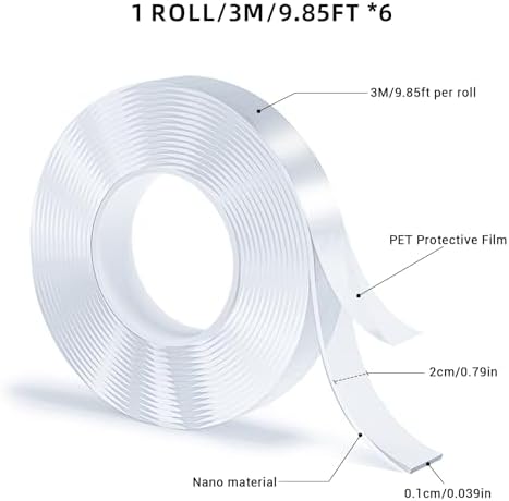 Double Sided Tape, Nano Tape, Transparent Adhesive Tape, Traceless Adhesive Tape, Removable, Washable, Reusable, Suitable for Carpets, Photo Walls, 3m Per Roll, 6 Rolls