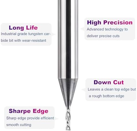 SpeTool 1/16" Cutting Diameter Downcut Spiral Router Bit with 1/4" Shank 1/4" Cutting Length 2" OVL, Solid Carbide Wood Router Bits CNC Plunge Slot Cutting
