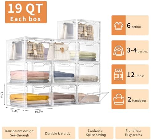 6 Pack Clear Storage Bins with Lids, 19 Qt Closet Organizers and Storage