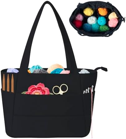 Crochet Bag for Yarn Storage, Puffer Knitting Bag with Soft Handles, Lightweight Yarn Storage Organizer with Zipper for Crochet Accessories, Gifts for Crocheters (Black)