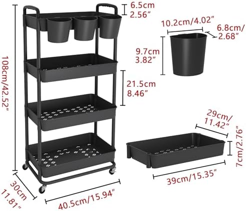 JIUYOTREE 4-Tier Plastic Rolling Storage Cart Utility Cart with Extra Hanging Cups Handles Lockable Wheels for Living Room Bathroom Kitchen Office Black