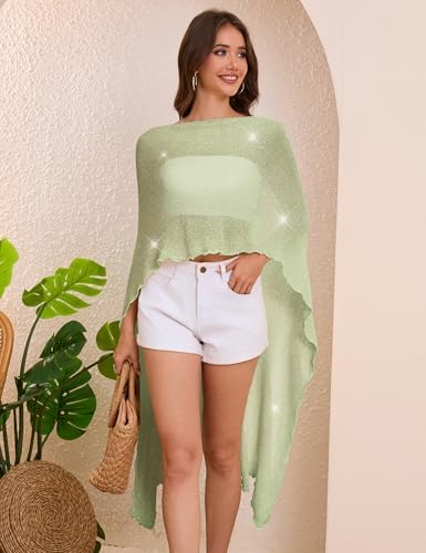 MAKABO Women's Crochet Sheer Poncho Top Lightweight Sparkly Shrug Pullover Knit Bolero Sweater Cover Up Beachwear