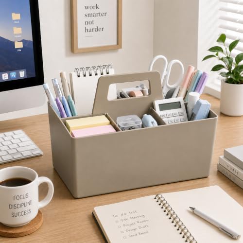 Multipurpose Caddy Organizer with Handle Plastic Desk Storage, Coffee Brown