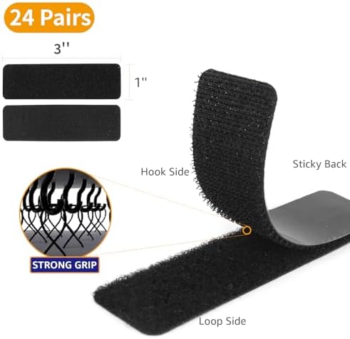 24 Sets 1 x 3 inch Adhesive Hook and Loop Fastener Strips, Heavy Duty, Strong Back Adhesive, Double-Sided Hook and Loop for School, Classroom, Office, and Home Use, Black