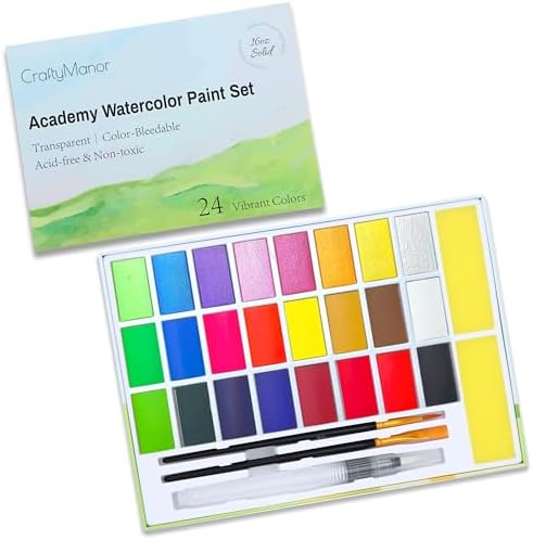 24 Colors Large Block Watercolor Paint Set for Watercolors Workbook, Portable Water Colors Paint Kit with 2 Paintbrushes 1 Waterbrush, for Adult Painting Beginners & Professional Amateur Hobbyists