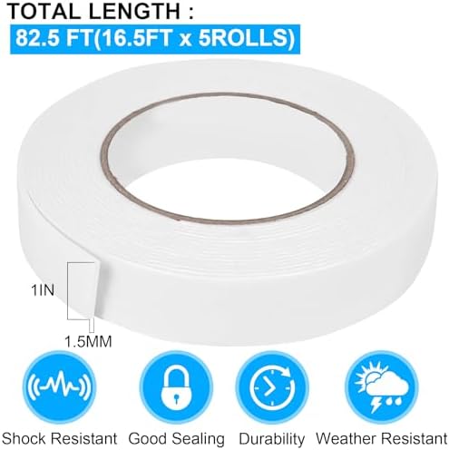 Double Sided Foam Tape 1In x 16.5FT 5 Pack, Mounting Tape Heavy Duty, Strong Adhesive Weatherproof Seal Strips for DIY Craft Picture Poster, Car & Gap Filling Mountings, Home Office Decor (White)