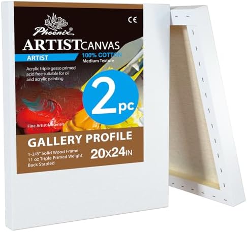 PHOENIX 20x24 Inch 2 Pack Gallery Canvas - 1.5 in Thick Large Canvases for Painting - Deep Edge 100% Cotton 11 Oz. Gesso Primed White Blank Professional Canvas Oil & Acrylic Paints