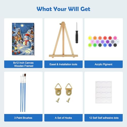 MOGTAA Christmas Paint by Numbers Kit for Adults Beginners with Frame, Snowman Adult Paint by Number Kits on Canvas with Easel, Easy DIY Landscape Oil Painting Kits for Home Decor, 8x12in