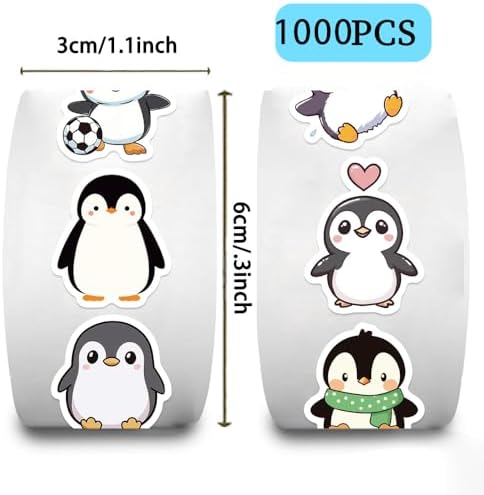 1000PCS Penguin Sticker Roll, 2 Rolls 10 Designs Animal Stickers
