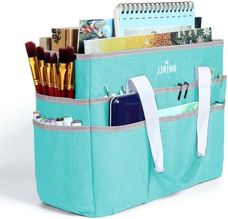 JJRING Craft Organizer Tote Bag Large Art Storage Caddy Sky Blue | With Multiple Pockets For Sewing, Scrapbooking, School, Medical, And Office Supplies