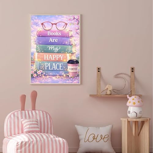 EOPLK Books Diamond Painting Kits for Adults, Books are My Happy Place Diamond Art Kit for Beginners, 5D DIY Full Drill Round Gem Painting by Numbers for Home Wall Decor Gift, 12x16 inch