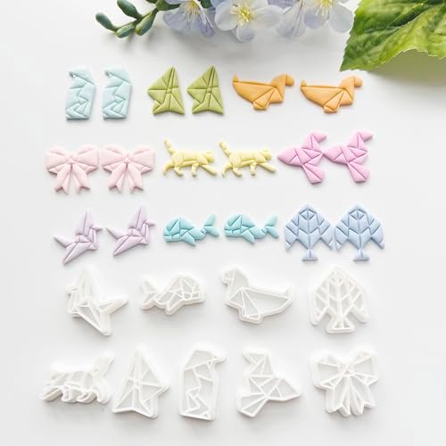 9 Pcs Origami Shape Polymer Clay Cutters - Geometric Animal & Bow Cookie Cutter Set for Jewelry Making, Earring Molds, Fondant Cake Decorating & DIY Crafts