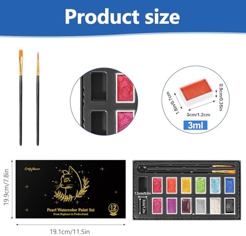 CraftyManor Mini Glitter Watercolor Paint Set with Paper, 12 Colors Shimmer Metallic Watercolour Painting Sets, Solid Pearl Water Color Paints for Adult(3ml 12 Colors)