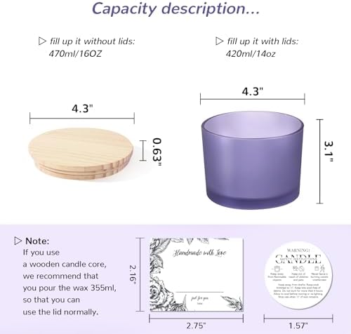 6 Pack Glass Candle Jars with Lids (16oz, Frosted Purple) - Large Candle Jars for 3 Wick Candles Making - Empty Candle Jars Containers - Candle Making Accessories include 16Pcs Candle Labels