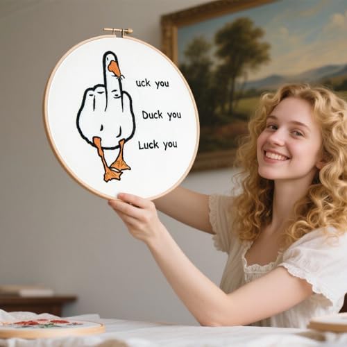 Middle Finger Duck Embroidery Kits for Beginners Adults, Funny Embroidery Starter Kits, Counted Cross Stitch Kits for Beginners DIY Craft Kits for Adult Women, Embroidery Hoop, Thread & Video Tutorial
