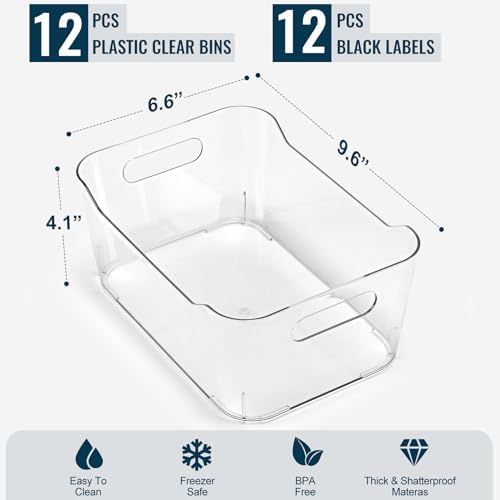 12 PACK Clear Plastic Storage Bins, Kitchen Cabinet Pantry Organizer Bins