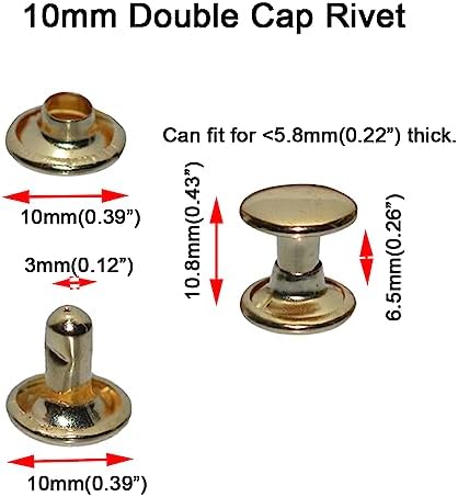 160sets Stainless Steel Leather Rivets Double Cap Rivet Tubular Metal Studs Repairs Decoration Craft Accessories for Leather Craft Clothes Shoes Bags Belts (10mm Gold)
