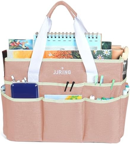 JJRING Craft Organizer Tote Bag Large Art Storage Caddy Beige | With Multiple Pockets For Sewing, Scrapbooking, School, Medical, And Office Supplies