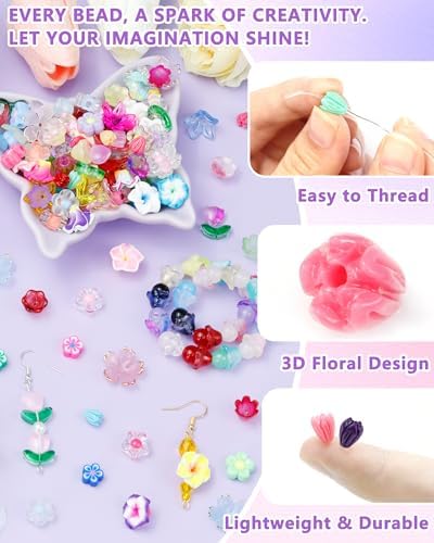 FIVEIZERO Flower Charms, 100PCS Resin Flower Beads, 13 Colors