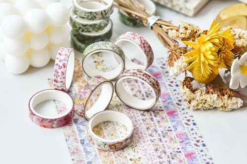 Flowers Washi Tape Set 30 Rolls Floral Patterns Decorative Skinny Slim Masking Tapes for Arts, DIY Crafts, Journals, Planners, Scrapbook, Wrapping (Blossoms Flourish)