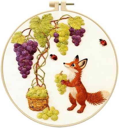 Zhenqing Fox Embroidery Kit for Beginners, Cute Woodland Animal Needlework Craft with Pre-Printed Cotton Fabric, Hoop, Threads & Tools, Garden Decor (C0223)