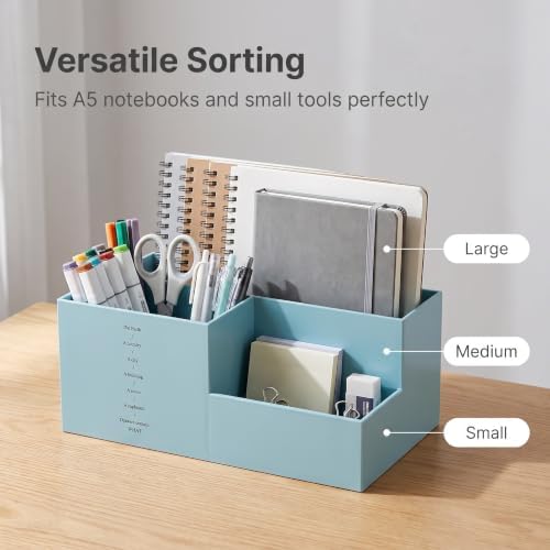 Jekelife Desk Organizer,3 Compartment Desktop Organizer, Multi-Functional Stationery Pen Holder for Office Supplies Blue
