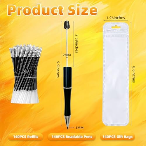 420 Pieces DIY Beadable Pen Bulk Kit – 140 PCS Ballpoint Pen with Refills & Bags – Perfect for Beads Pens Supplies, Beaded Pens for DIY Crafting – Office Supplies & Teacher Accessories (Black)