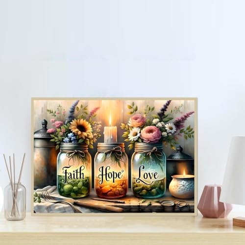 5D Diamond Painting Kits for Adults, Faith, Hope, Love Wishing Bottle Diamond Art kit for Adults Beginner, DIY Full Drill Diamond Dots with Diamond Gem Art and Crafts for Home Wall Decor 16 x 12 Inch