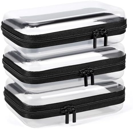 YOPCDJ 3 Pack Clear Hard Shell Zipper Case, Clear Zipper Pouches Waterproof Makeup Organizer & Travel Toiletry Bag, Plastic Pouch for Travel Office Storage, Home, Black Small Size