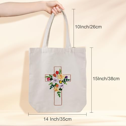 Louise Maelys Cross Floral Embroidery Kit for Beginners Canvas Tote Bag
