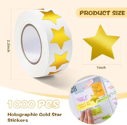 Gsinodrs 1000Pcs Gold Star Stickers - 1 Inch Holographic Self-Adhesive Metallic Foil Star Labels, Sparkly Reward Stickers for Classroom Supplies, Teacher Incentives & Behavior Tracking