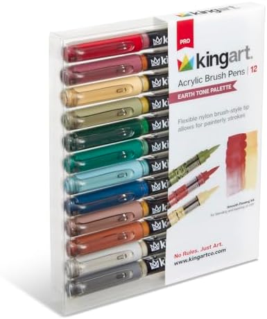 KINGART PRO 12-Piece Acrylic Paint Brush Pen Set – Earth Tone Colors – Flexible Brush Tip for Detailed Illustration and Lettering – Water-Based Opaque Art Markers for Multi-Surface Use