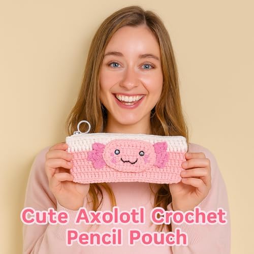 Axolotl Crochet Kit for Beginners, Learn to Crochet Pencil Bag Starter Set with Video Tutorial & Crocheting Manual, Easy Yarn Knitting Kit for Adult, DIY Amigurumi Birthday Xmas Gift Idea