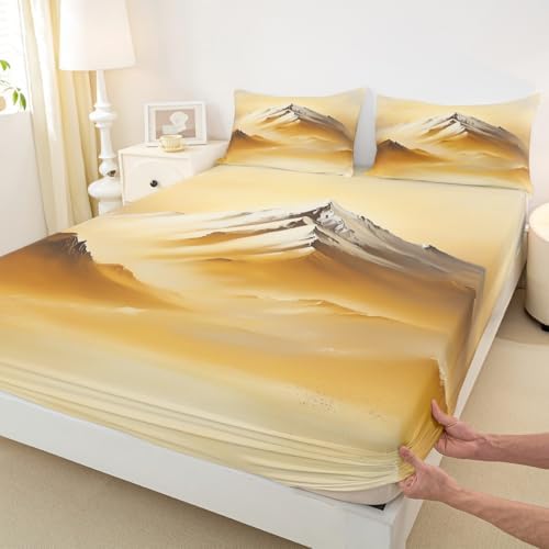 Landscape Themed Sheet Set Golden Mountain Scenery Bedding Set Natural Landscape Bed Sheets Teens Room Decor Golden White (King Flat & Fitted Sheet with 2 Pillow Case)