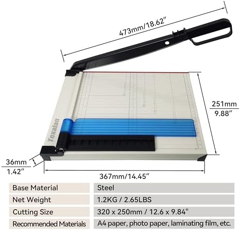 TEXALAN(R) Paper Cutter Letter Size Paper Trimmer 12” Cut Length 12 Sheet Capacity Guillotine Paper Photo Cutter with Magnet Clamp, Paper Guide, Size Guideline