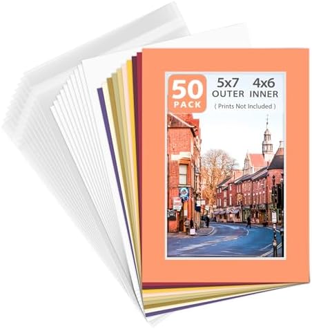 Golden State Art 50 Pack Mixed Color Picture Mats 5x7 for 4x6+Backing+Bags