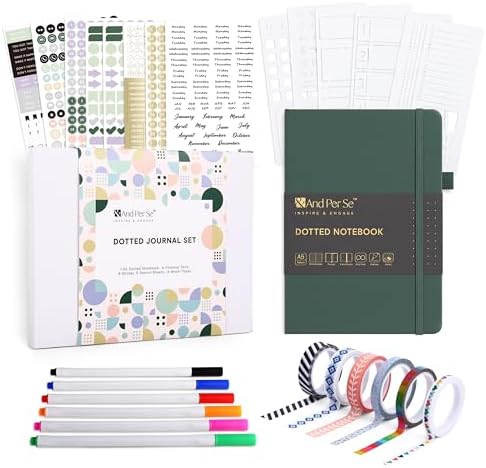 &And Per Se Dotted Journal Kit, A5 Hardcover Dot Grid Journal Notebook Set for Beginners with Journaling Supplies Stencils, Stickers, Washi Tapes & Colored Pens Accessories (Green)