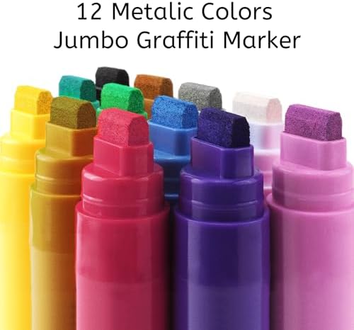 BIGTHUMB Jumbo Graffiti Poster Markers Set: 12 Metallic Colors Large 15mm Wide Tip Permanent Ink Thick Acrylic Paint Pens for Rock Painting, Stone, Glass, Wood, Ceramic, Metal, Plastic, Fabric