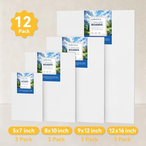 Canvas Boards for Painting 12 Pack Paint Canvas Panels Set-5x7, 8x10, 9x12,12x16 Inches-100% Cotton 10 Pack Canvas Panels for Acrylic, Oil, and Watercolor - Ideal for Artists and Hobbyists