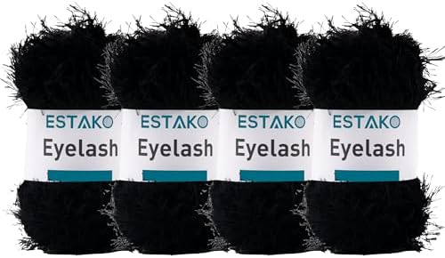 Estako Eyelash Yarn, Soft Fuzzy Faux Fur for Crochet, Black, 4-Pack