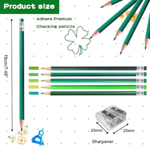 Adhere 25pcs Checking Pencils Erasable colored Pencils Pre-Sharpened #2 HB,for Checking Tests Grading,Map Coloring, editing Office Favors,including a Free sharpener. (Mixed Green)